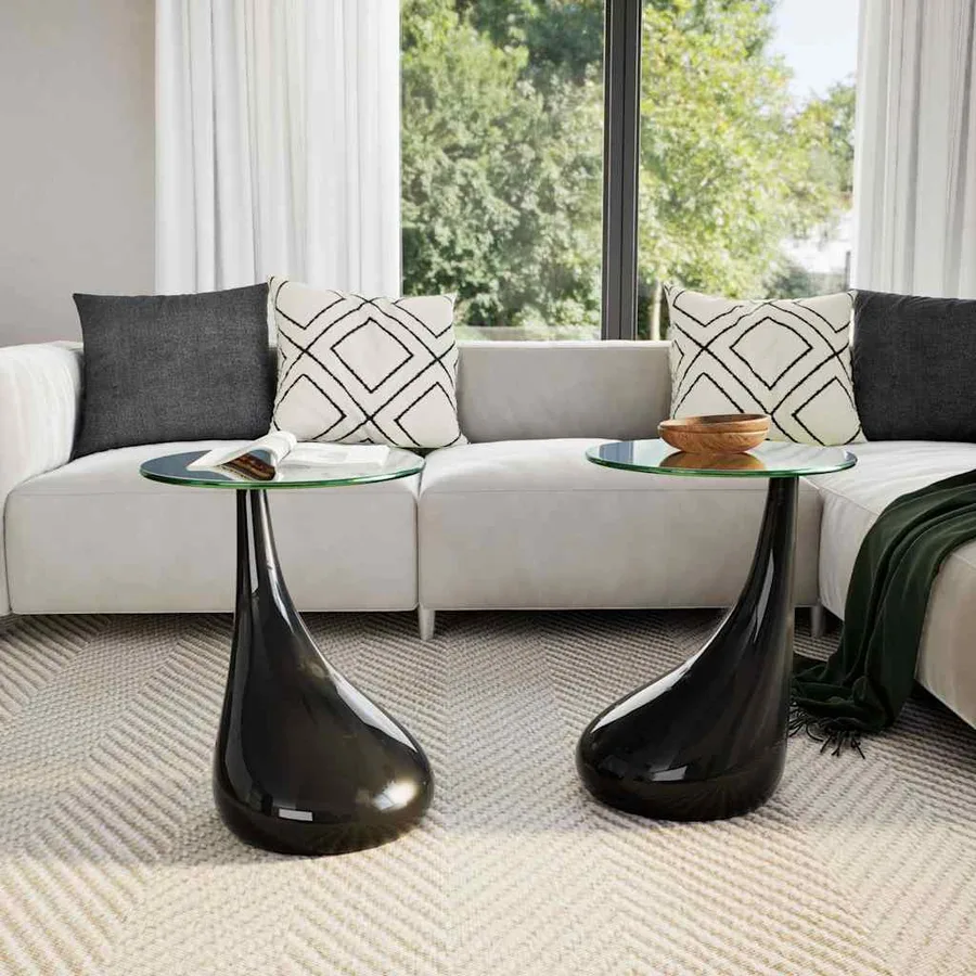 Table basse et dessus de table Verre rond Noir brillant 2 pcs - 3