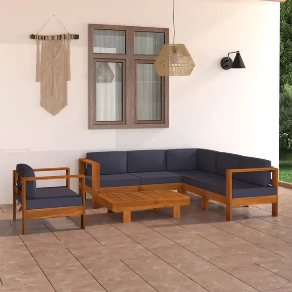 Salon de jardin 7 pcs avec coussins gris foncé Bois d'acacia