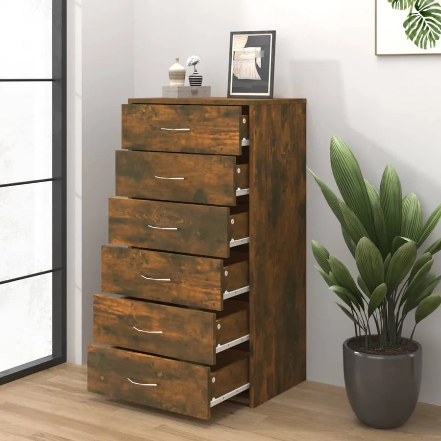Buffet avec 6 tiroirs Chêne fumé 50x34x96 cm Bois d'ingénierie - 3