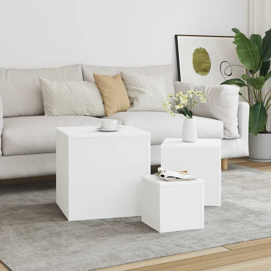 Tables d'appoint 3 pièces en bois d'ingénierie blanc