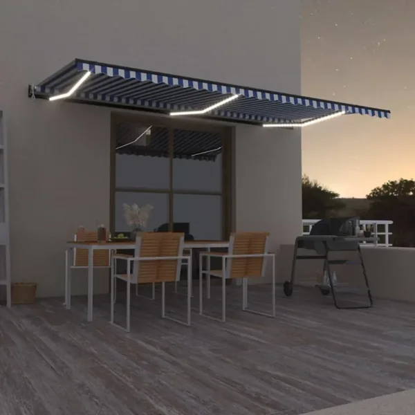 Auvent automatique capteur de vent/LED 600x300 cm Bleu et blanc