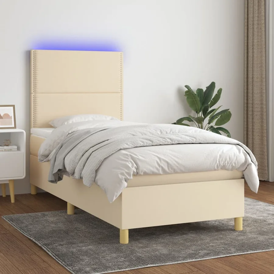Sommier à lattes de lit et matelas et LED Crème 90x200 cm Tissu