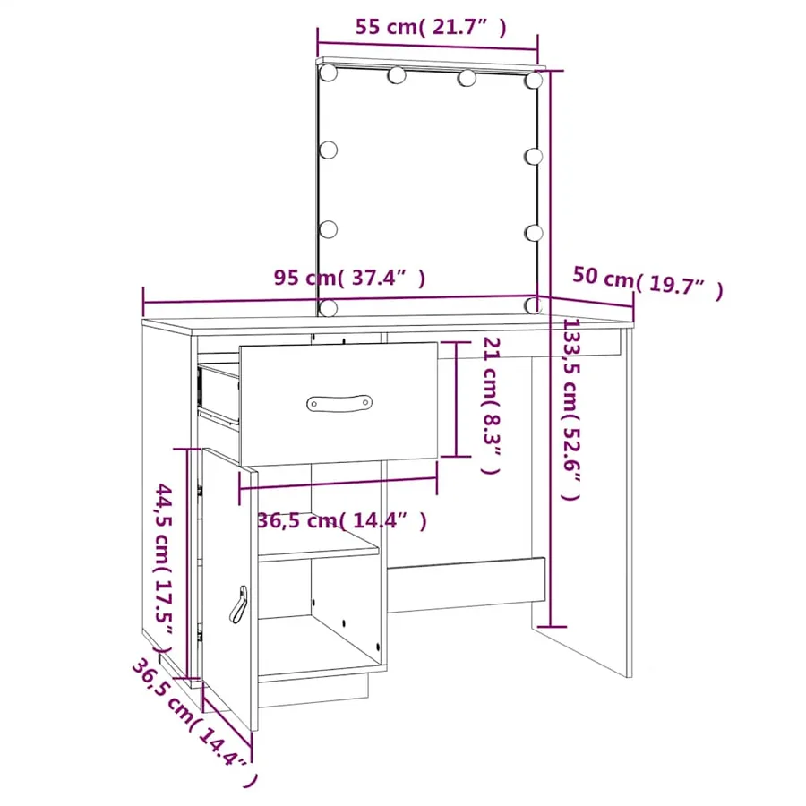 Coiffeuse avec LED Blanc 95x50x133,5 cm Bois de pin massif - 14