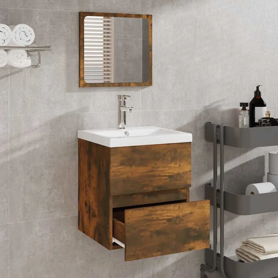 Armoire de bain avec miroir Chêne fumé Bois d'ingénierie - 3