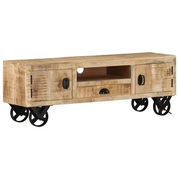 Meuble TV avec roues 110x30x37 cm Bois de manguier brut