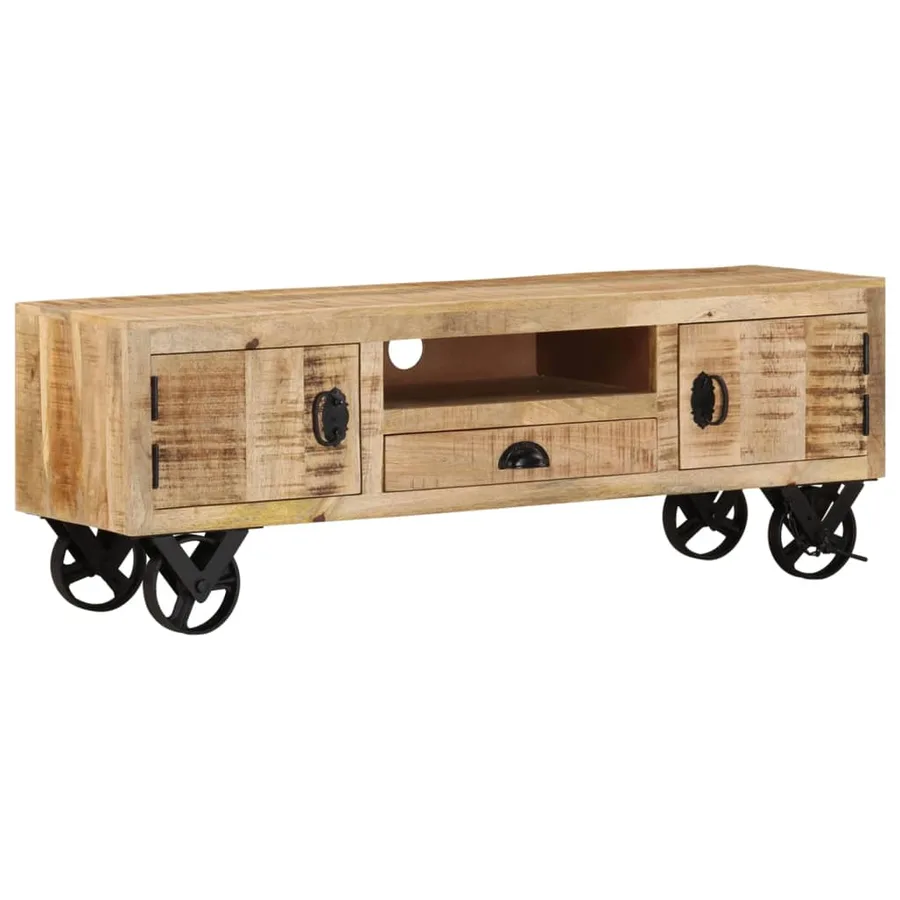 Meuble TV avec roues 110x30x37 cm Bois de manguier brut - 11