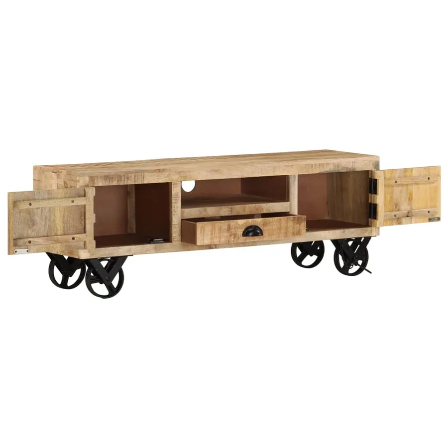 Meuble TV avec roues 110x30x37 cm Bois de manguier brut - 2