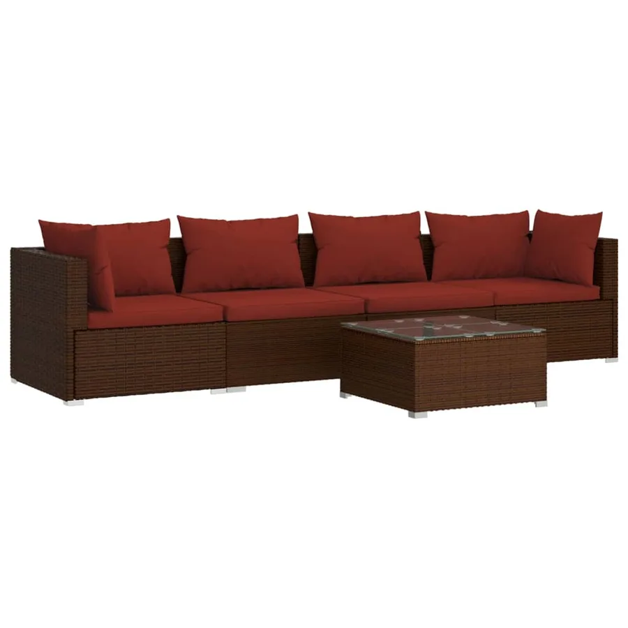 Salon de jardin 5 pcs avec coussins résine tressée marron - 2