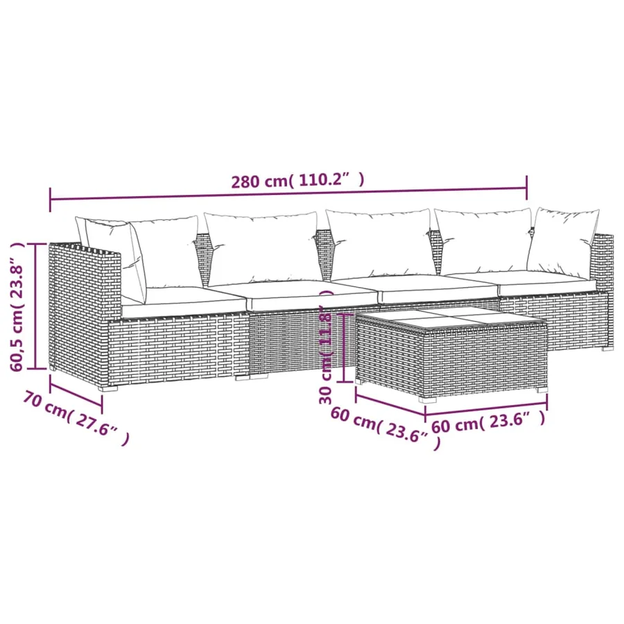 Salon de jardin 5 pcs avec coussins résine tressée marron - 9