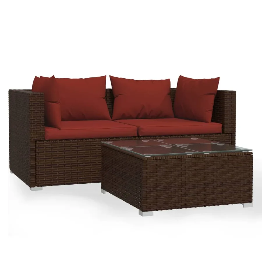 Salon de jardin 3 pcs avec coussins Marron Résine tressée - 2