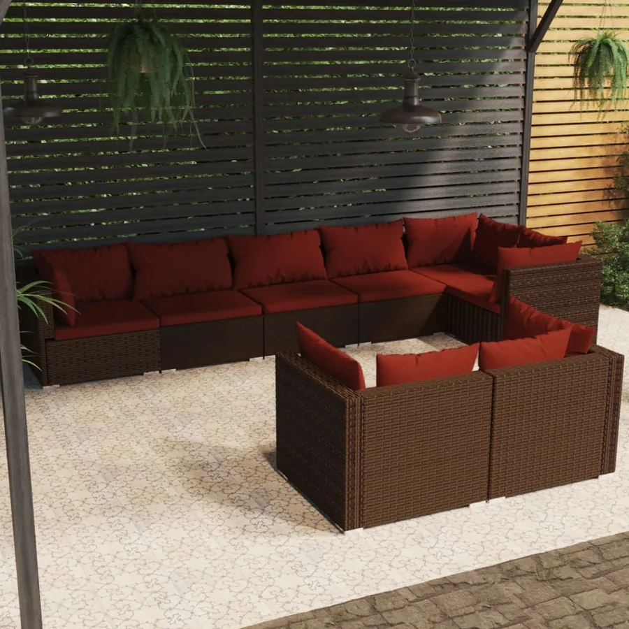 Salon de jardin avec coussins 8 pcs marron résine tressée