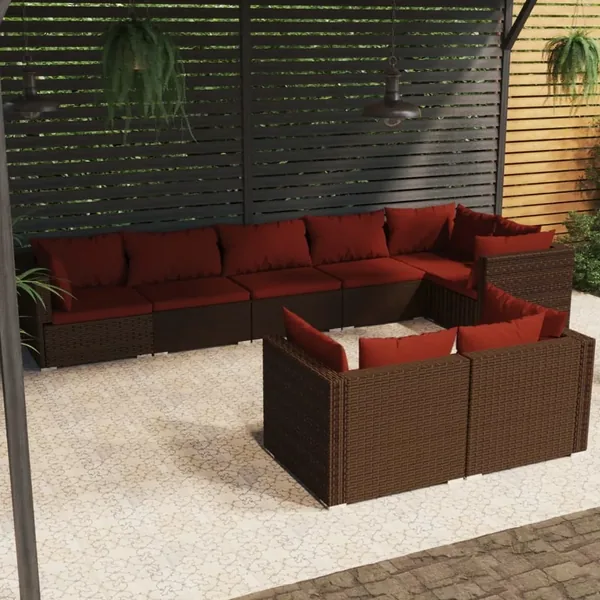 Salon de jardin avec coussins 8 pcs marron résine tressée