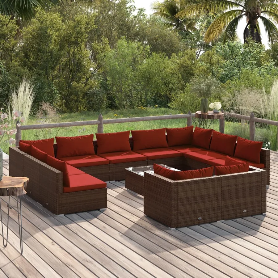 Salon de jardin 12 pcs avec coussins Marron Résine tressée