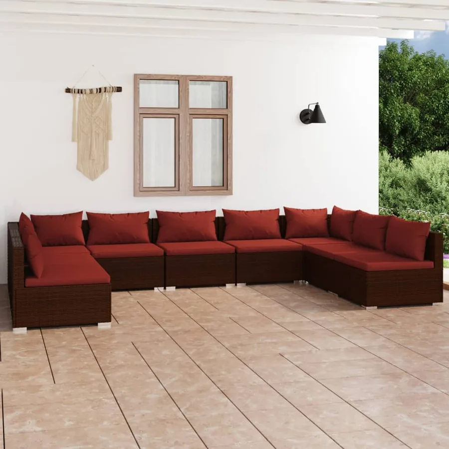 Salon de jardin 9 pcs avec coussins Résine tressée Marron