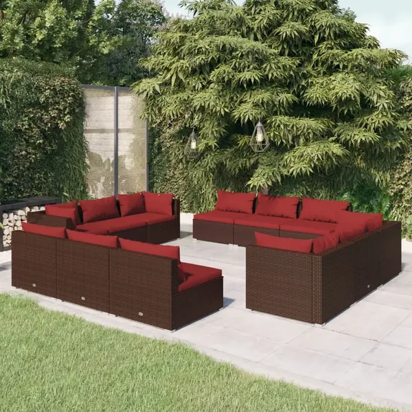 Salon de jardin 12 pcs avec coussins Résine tressée Marron