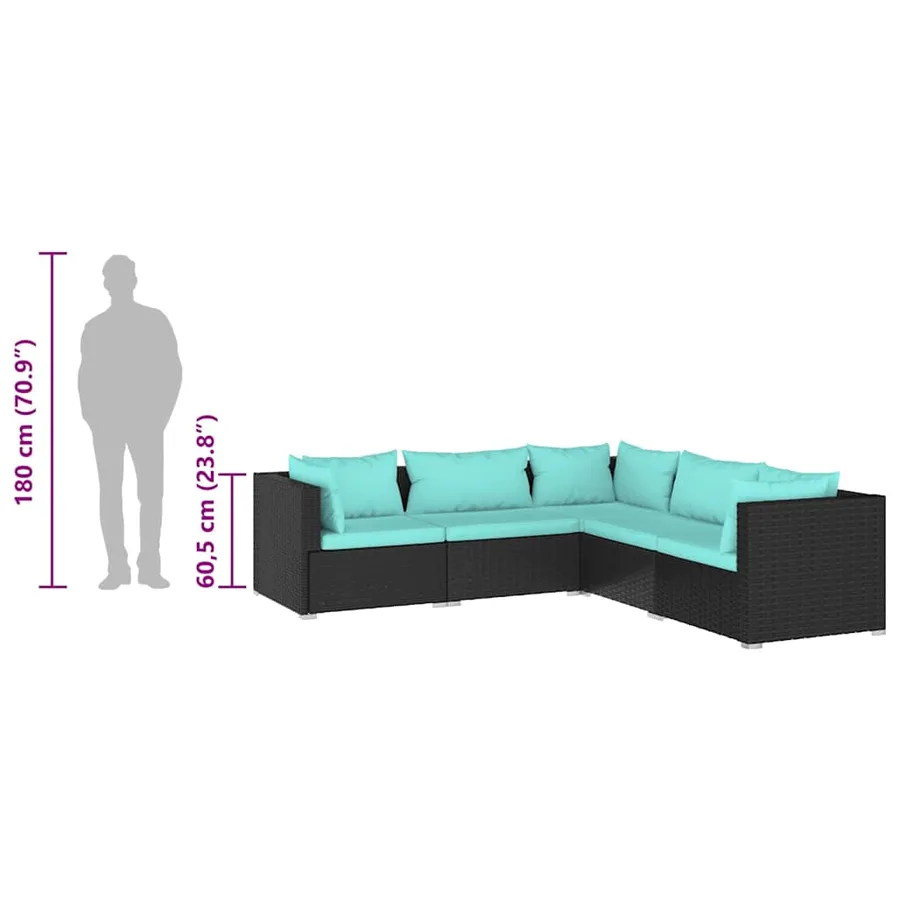 Salon de jardin 5 pcs avec coussins Résine tressée Noir - 8