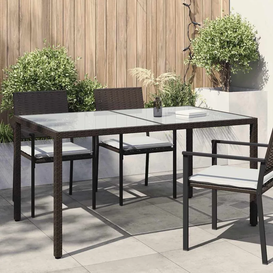 Table de jardin 150x90x75 cm Verre trempé/résine tressée Marron