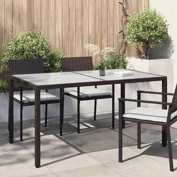 Table de jardin 150x90x75 cm Verre trempé/résine tressée Marron