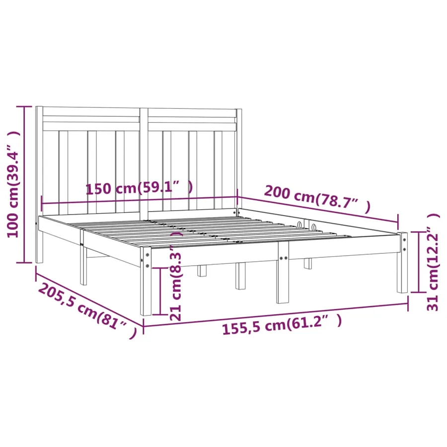 Cadre de lit sans matelas noir 150x200 cm bois massif - 6