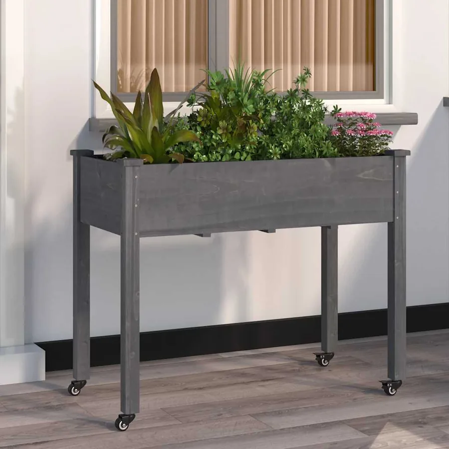 Jardinière sur roues avec doublure gris 118x59x80 cm bois sapin