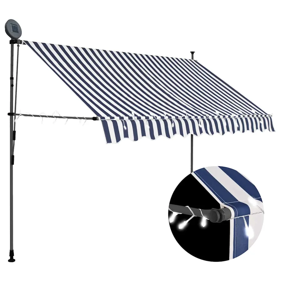 Auvent manuel rétractable avec LED 250 cm Bleu et blanc