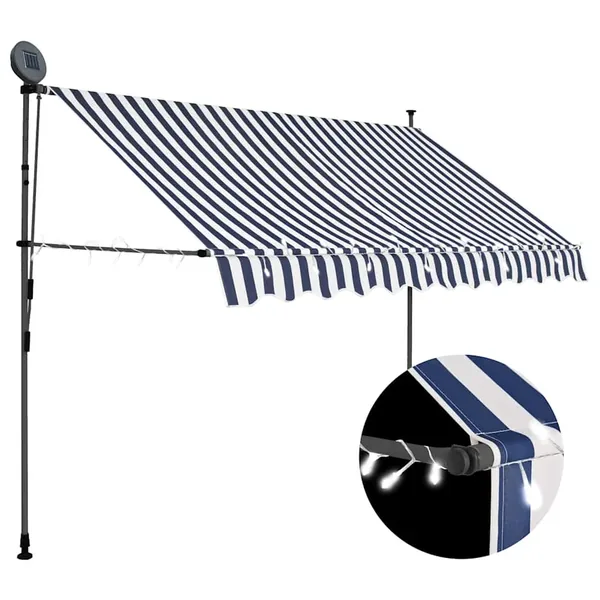 Auvent manuel rétractable avec LED 250 cm Bleu et blanc