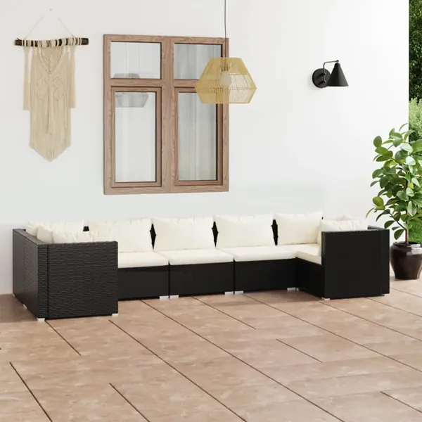 Salon de jardin 7 pcs avec coussins Résine tressée Noir