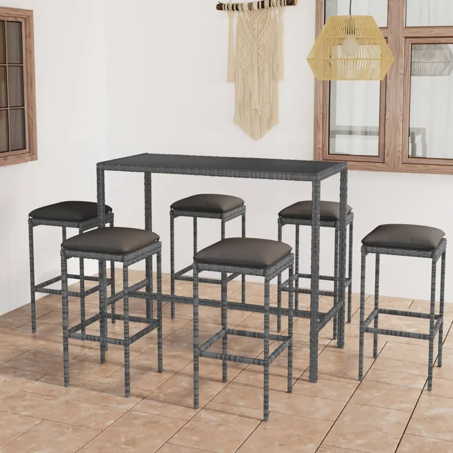 Ensemble de bar de jardin 7 pcs et coussins Résine tressée Gris