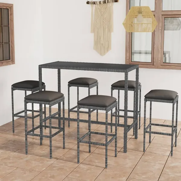 Ensemble de bar de jardin 7 pcs et coussins Résine tressée Gris
