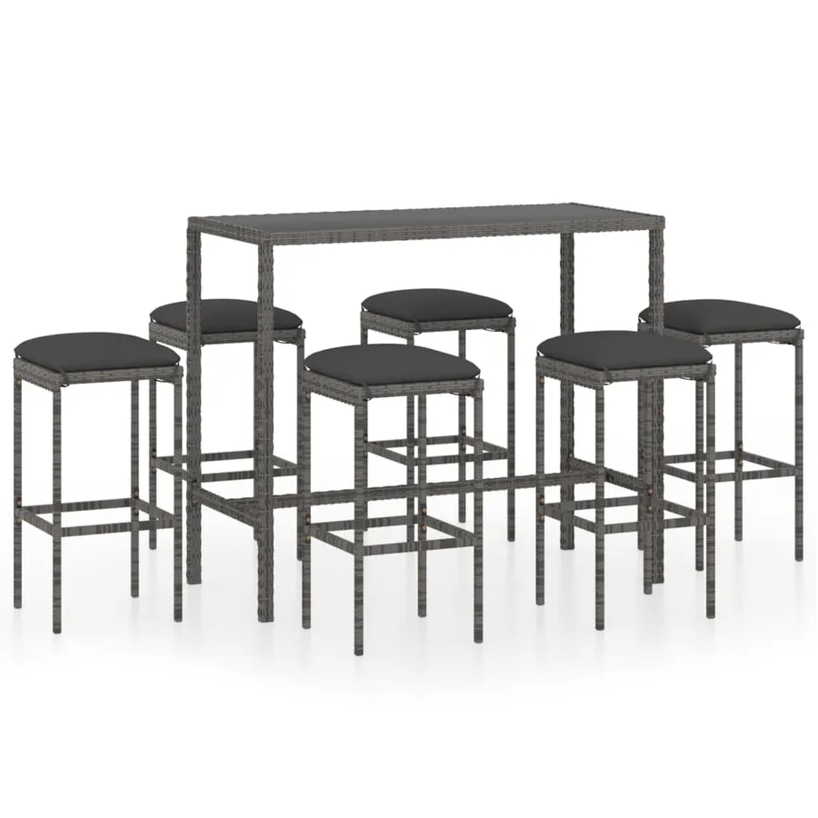 Ensemble de bar de jardin 7 pcs et coussins Résine tressée Gris - 2
