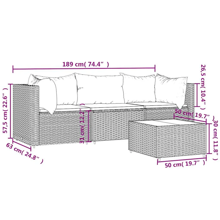 Salon de jardin 4 pcs avec coussins Marron Résine tressée - 11