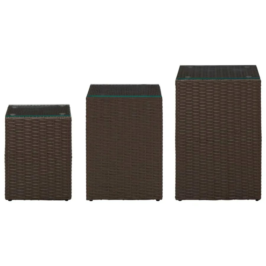 Tables d'appoint 3 pcs et dessus en verre Marron Résine tressée - 2