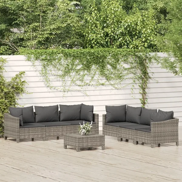 Salon de jardin 7 pcs avec coussins Gris Résine tressée