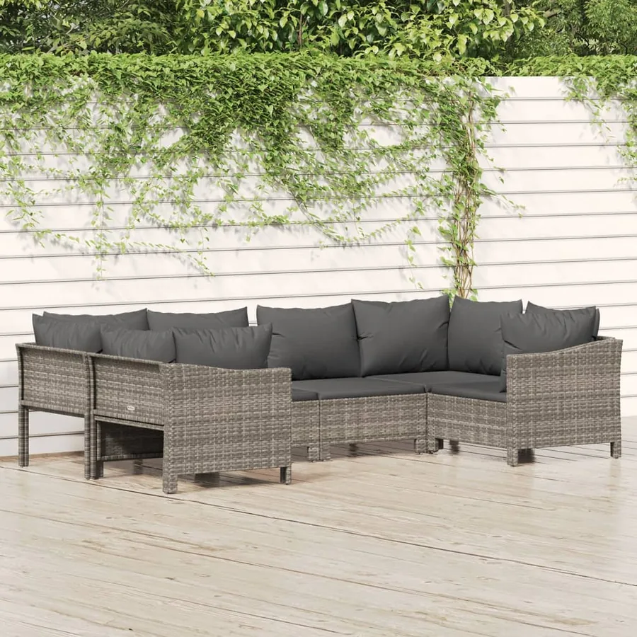 Salon de jardin 6 pcs avec coussins Gris Résine tressée