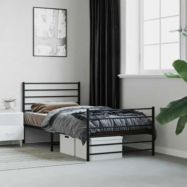 Cadre de lit métal sans matelas avec pied de lit noir 90x190 cm