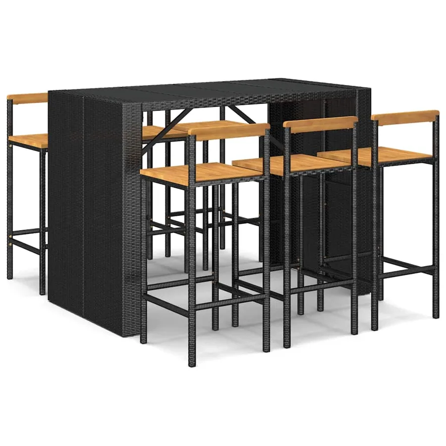Ensemble de bar jardin 7 pcs noir poly rotin/bois massif acacia - 2