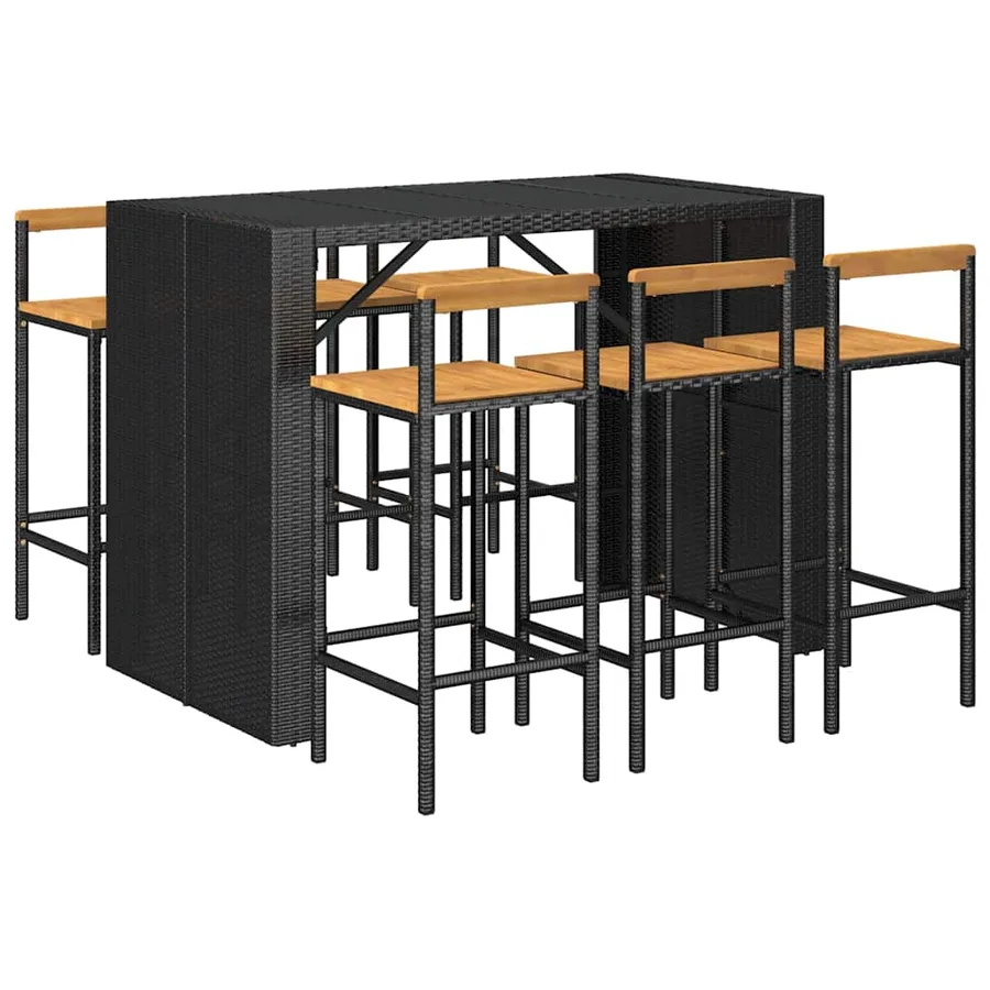 Ensemble de bar jardin 7 pcs noir poly rotin/bois massif acacia - 3