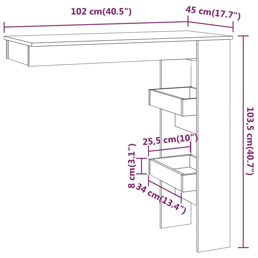 Table bar mural Blanc Brillant 102x45x103,5cm Bois d'ingénierie - 9