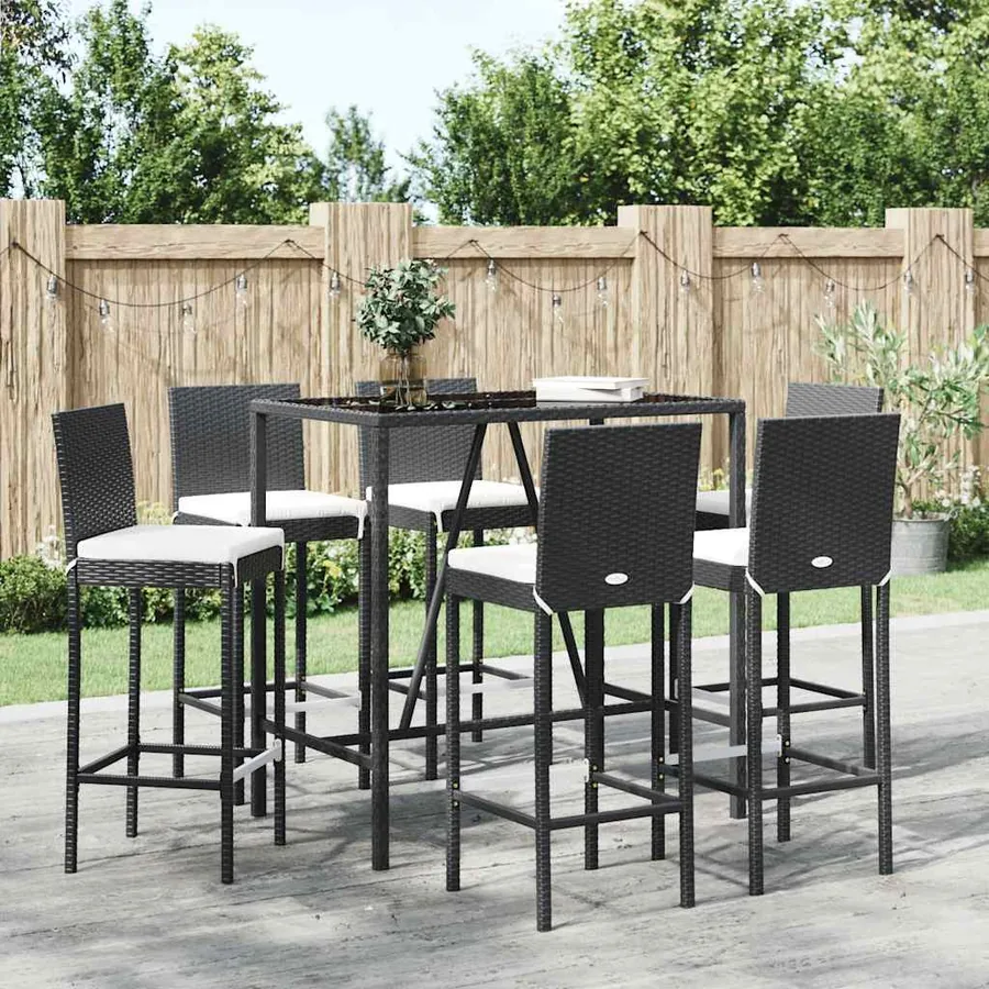Ensemble de bar de jardin 7 pcs avec coussins noir poly rotin