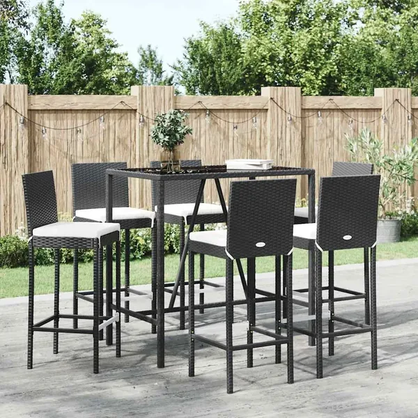 Ensemble de bar de jardin 7 pcs avec coussins noir poly rotin