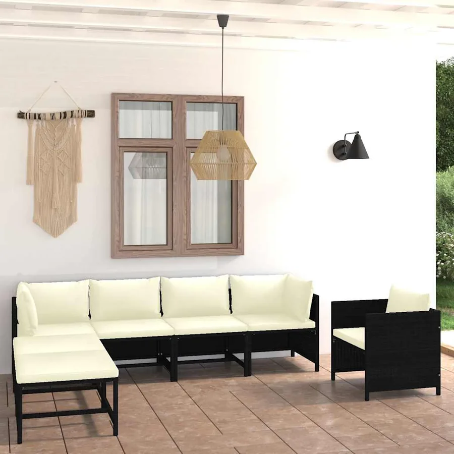 Salon de jardin 7 pcs avec coussins Résine tressée Noir