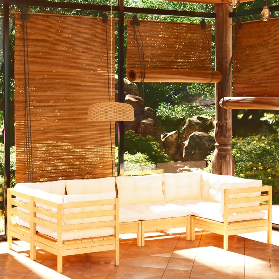 Salon de jardin 6 pcs avec coussins crème bois de pin