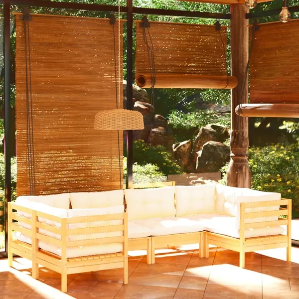 Salon de jardin 6 pcs avec coussins crème bois de pin