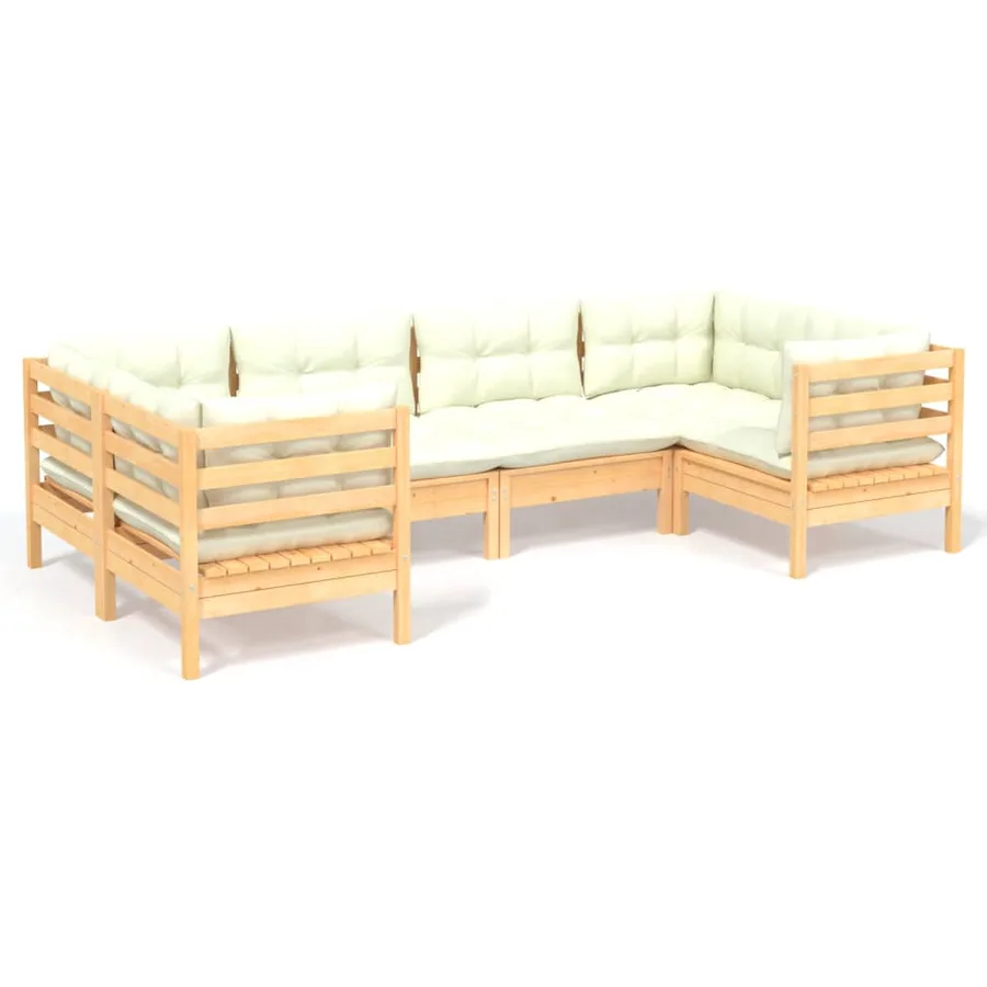 Salon de jardin 6 pcs avec coussins crème bois de pin - 2
