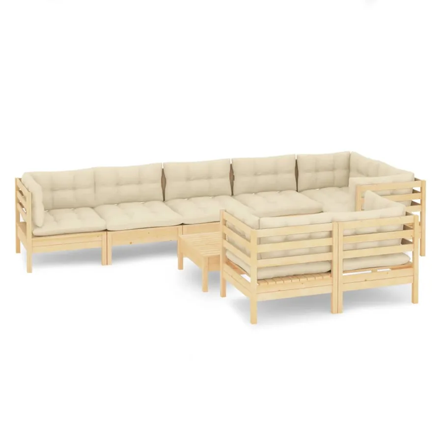 Salon de jardin 9 pcs avec coussins crème bois de pin massif - 2