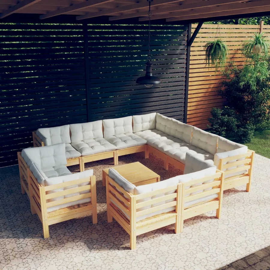 Salon de jardin 12 pcs avec coussins crème Bois de pin massif