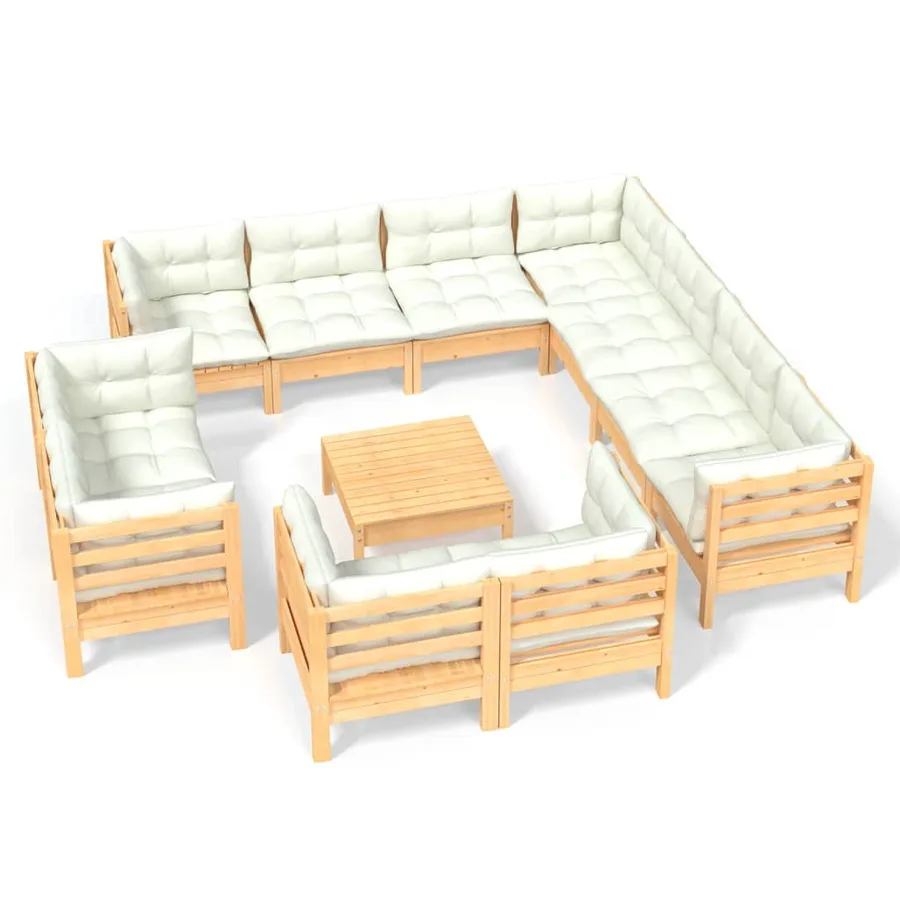 Salon de jardin 12 pcs avec coussins crème Bois de pin massif - 2