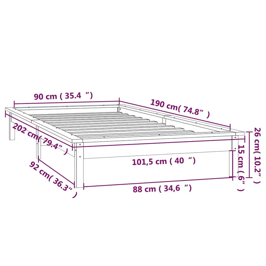 Cadre de lit à LED blanc 90x190 cm simple bois massif - 13