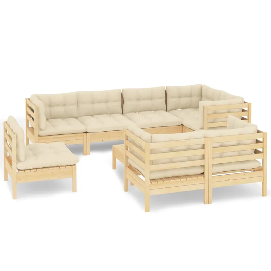 Salon de jardin 9 pcs avec coussins crème bois de pin massif - 2