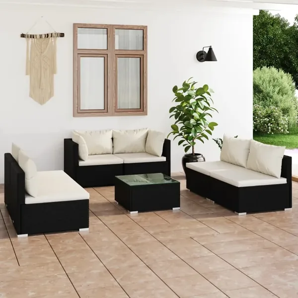 Salon de jardin 7 pcs avec coussins Résine tressée Noir